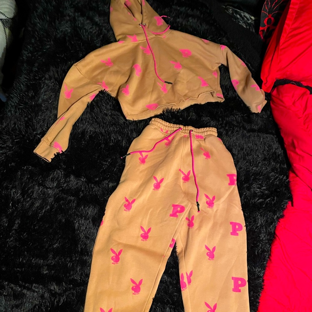 Playboy x Missguided pink and tan sweatsuit
